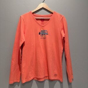 Life is Good Women's Salmon Campfire Orange Long Sleeve V-Neck T Shirt‎ Sz Small